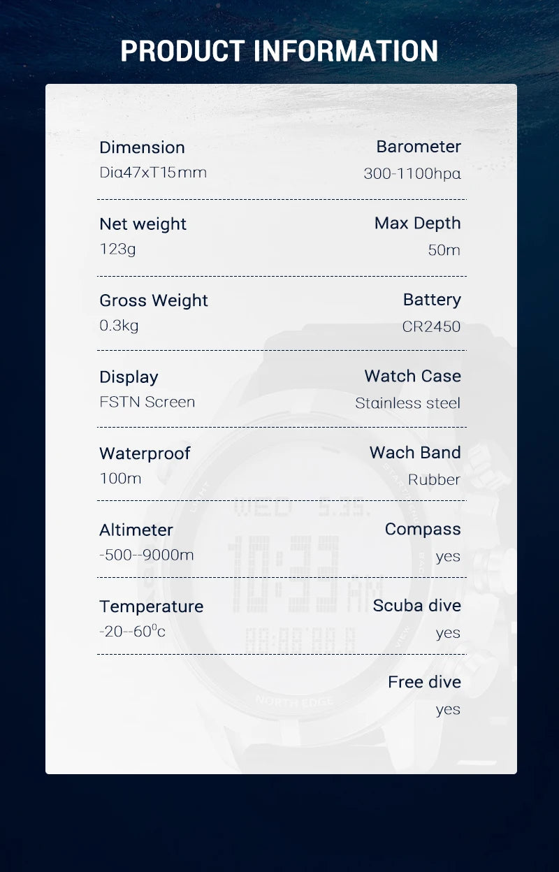 50M Dive Computer Watch Scuba Diving NDL (No Deco Time)