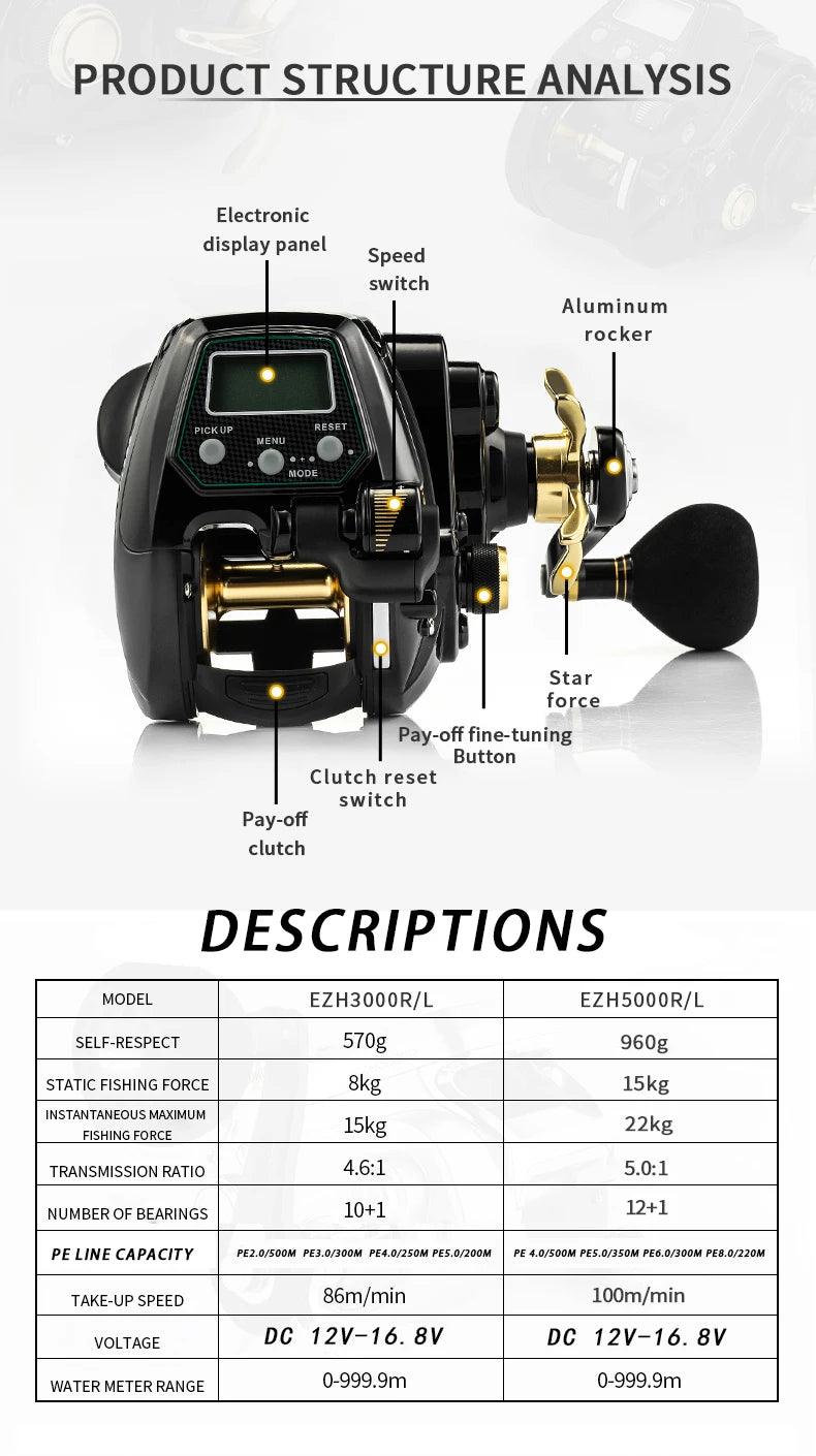 ECOODA-EZH 5000 Electric Fishing Reel, Saltwater, 12V DC, 15-22kg Drag Power Sea