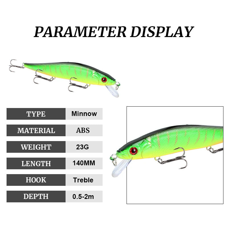 Premium Floating Minnow Fishing Lure- 14cm, 22.5g 3D Eyes Crankbait for Bass, Carp & Trolling