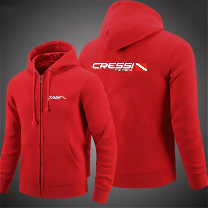 Scuba Dive Cressi - Men's hooded jacket and zipper, printed casual long sleeved sweater, solid color, fashionable