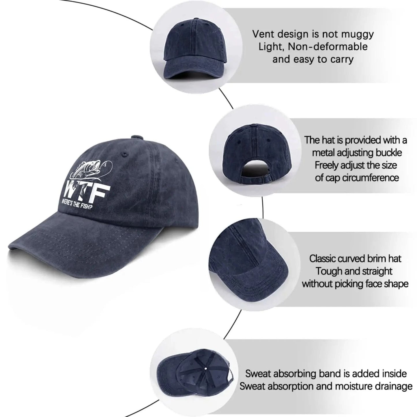 🧢 WTF Where's The Fish? Hats for Men – Vintage Distressed Baseball Cap