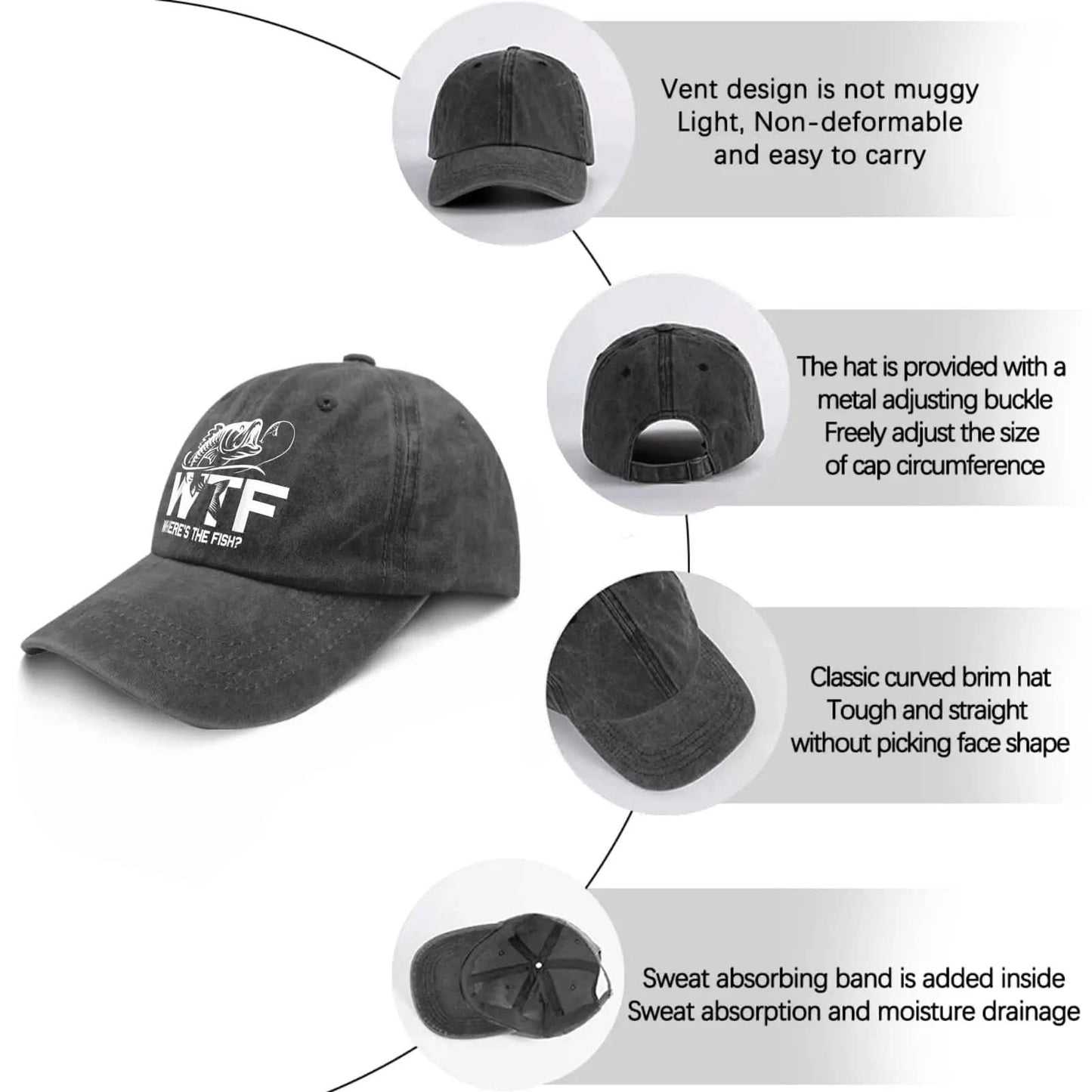 🧢 WTF Where's The Fish? Hats for Men – Vintage Distressed Baseball Cap
