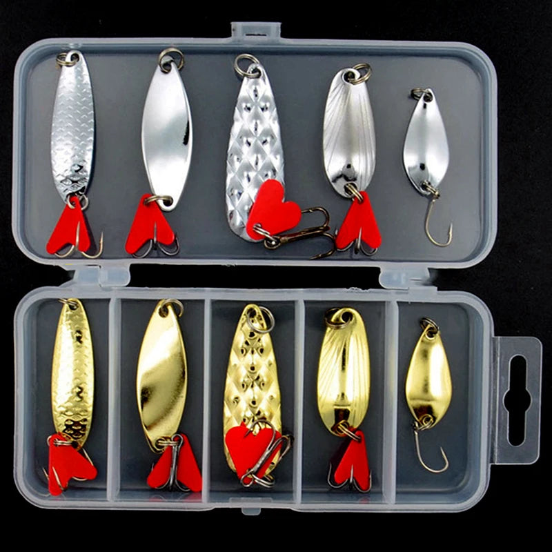 10PCS/Set Fishing Tackle Box Gold and Silver Metal Spoon