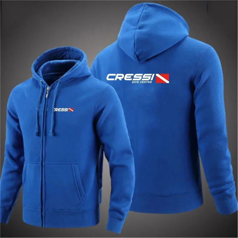 Scuba Dive Cressi - Men's hooded jacket and zipper, printed casual long sleeved sweater, solid color, fashionable