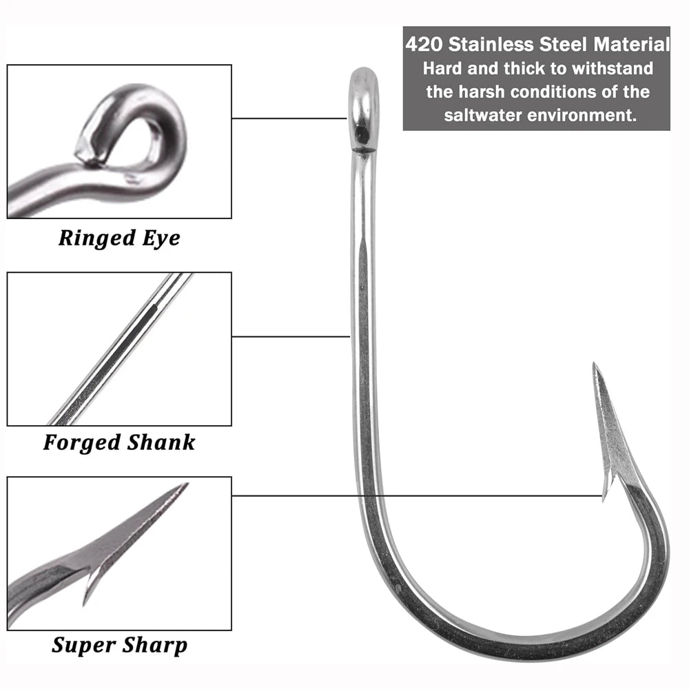 JSM 5Pcs 7691 Stainless Steel Big Game Fishing Large Hooks 4X Shark Tuna Live Bait Size 5/0-13/0