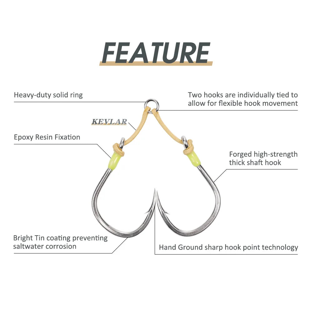 NOEBY Heavy Duty Twin Assist Metal Jig Hook Large Target With Shore Jigs Super Needle Point Sharp High Strength Sea Fishing Hook