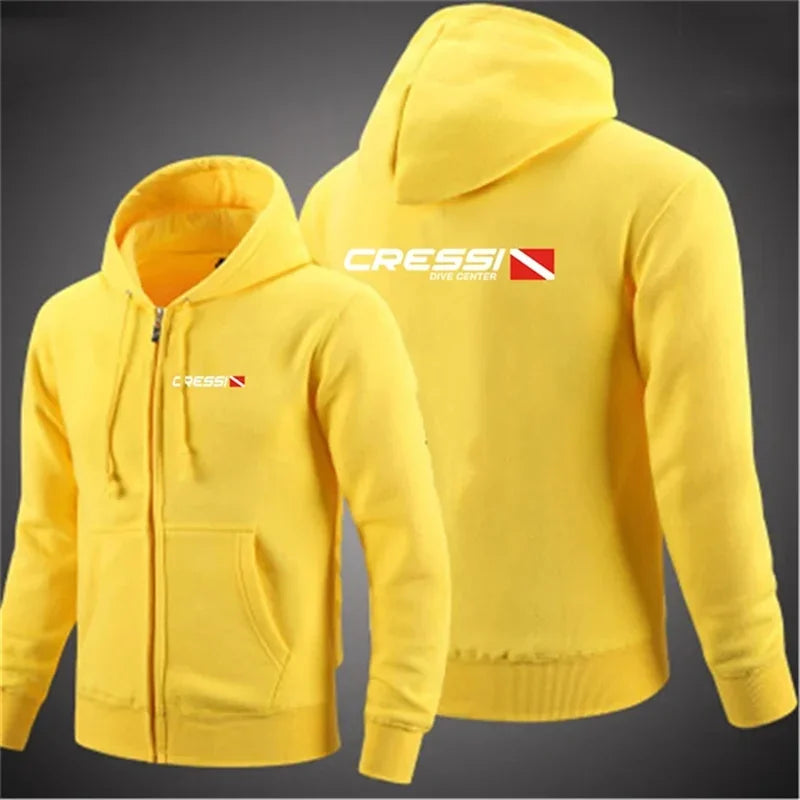 Scuba Dive Cressi - Men's hooded jacket and zipper, printed casual long sleeved sweater, solid color, fashionable