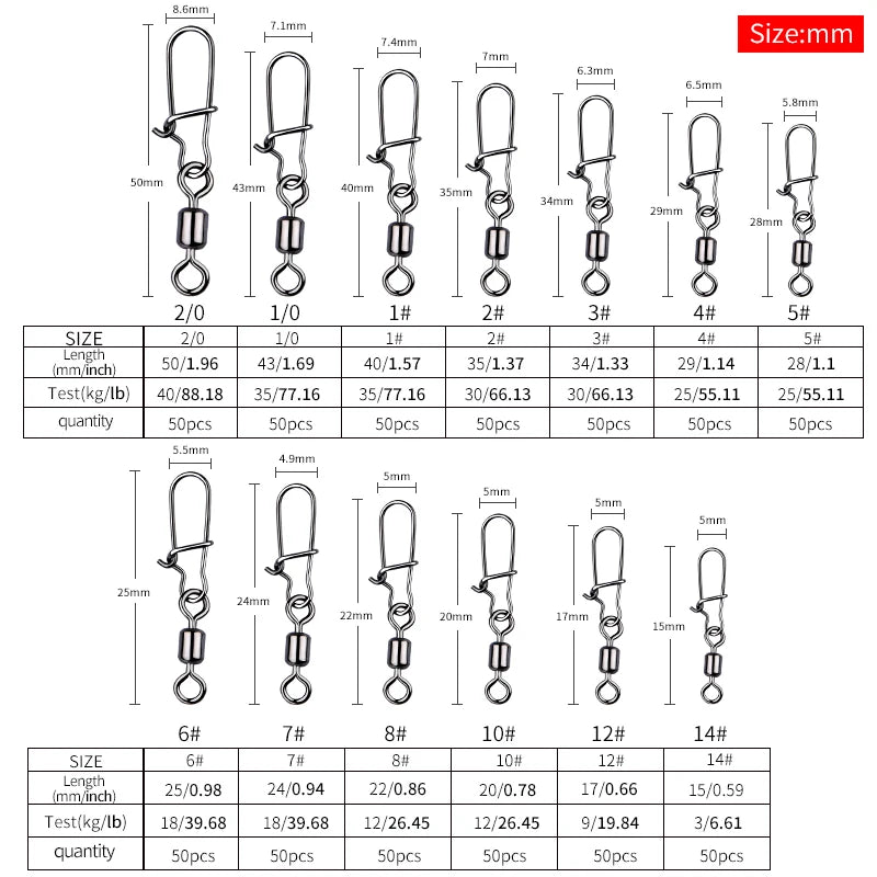 MEREDITH 50PCS Pike Fishing Accessories Connector Pin Bearing Rolling Swivel Stainless Steel