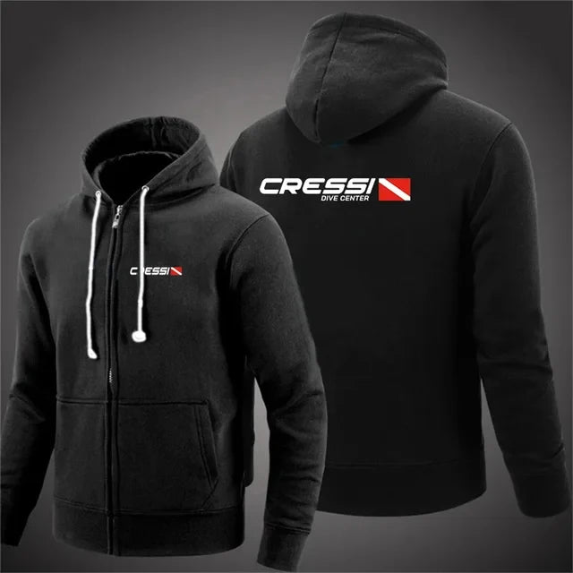 Scuba Dive Cressi - Men's hooded jacket and zipper, printed casual long sleeved sweater, solid color, fashionable