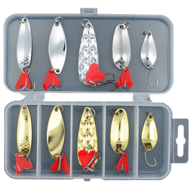 10PCS/Set Fishing Tackle Box Gold and Silver Metal Spoon