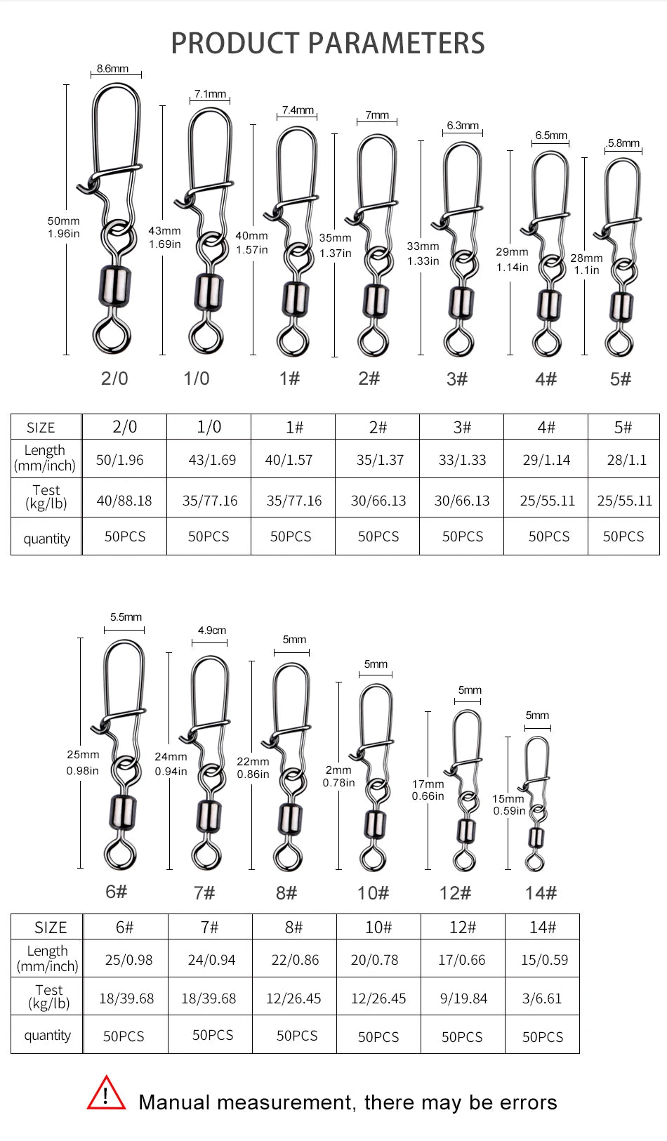 MEREDITH 50PCS Pike Fishing Accessories Connector Pin Bearing Rolling Swivel Stainless Steel