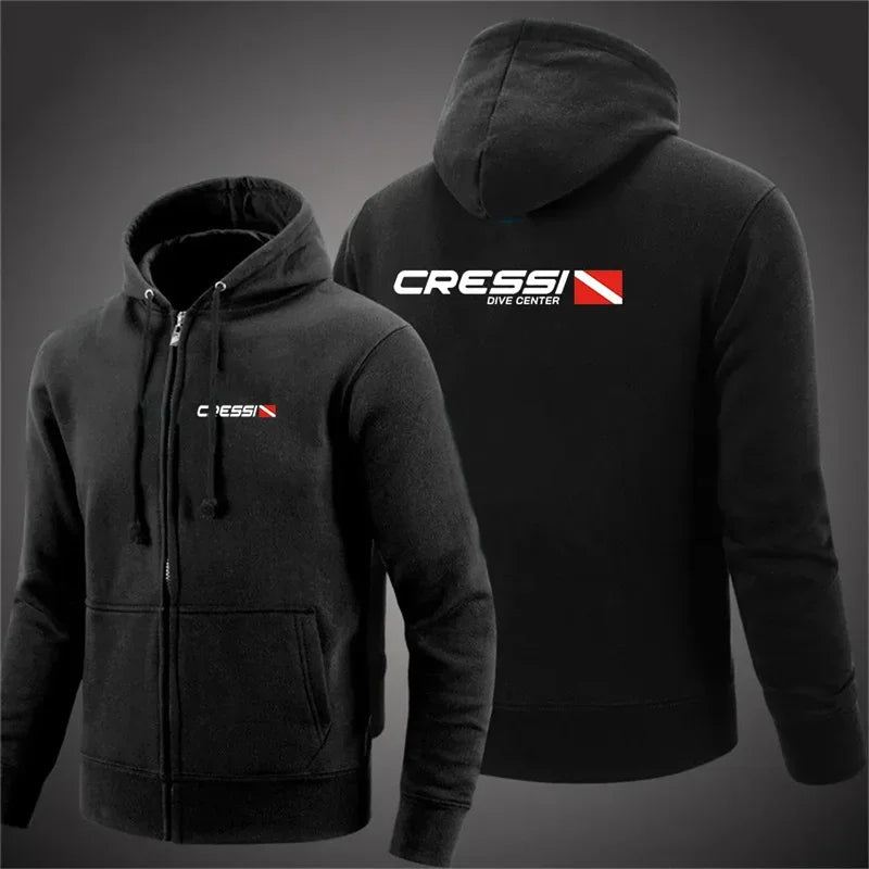 Scuba Dive Cressi - Men's hooded jacket and zipper, printed casual long sleeved sweater, solid color, fashionable