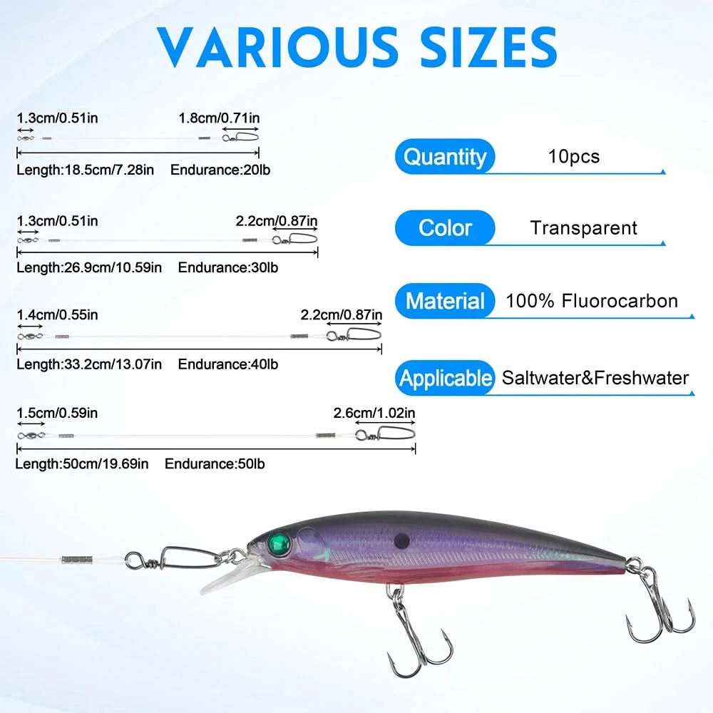 🎣 10Pcs Fluorocarbon Fishing Leaders 20LB-50LB – Snaps Connect Tackle, Lures, Rig, or Hook